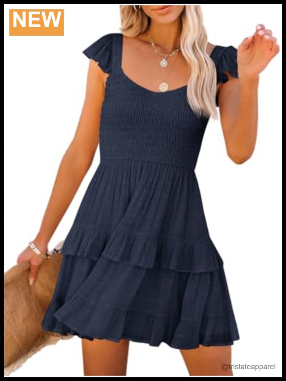 Smocked Ruffle Babydoll Mini Sundress Cap Sleeve Backless A-Line